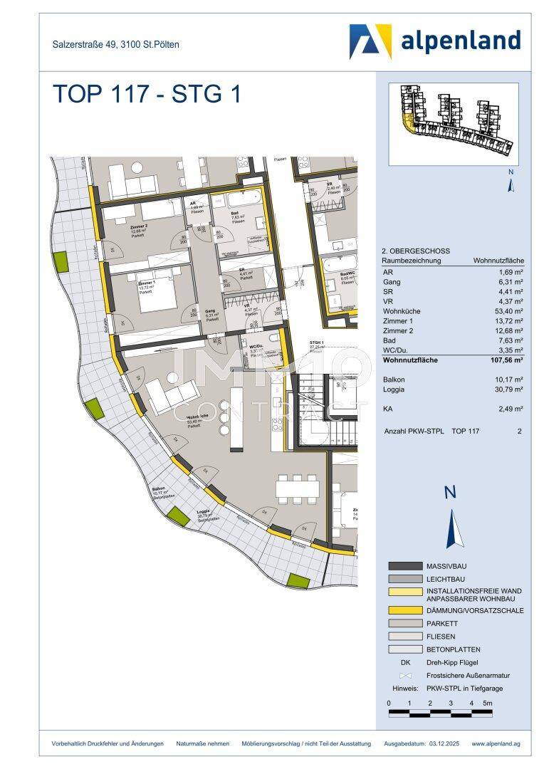 Detaillierter Grundriss der Wohnung TOP 117 mit Raumaufteilung und Flächenangaben.