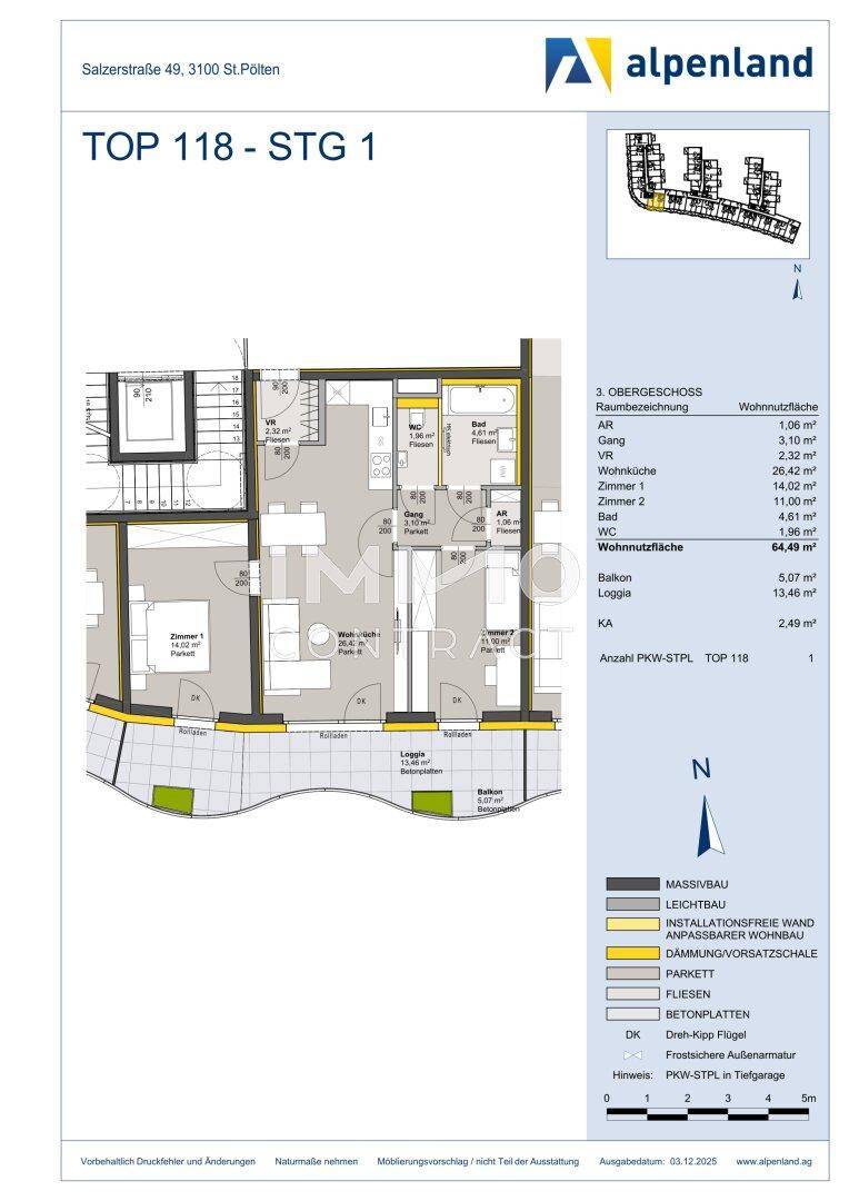 Detaillierter Grundriss einer Wohnung mit Wohnfläche von 64,45 m² und Balkon.