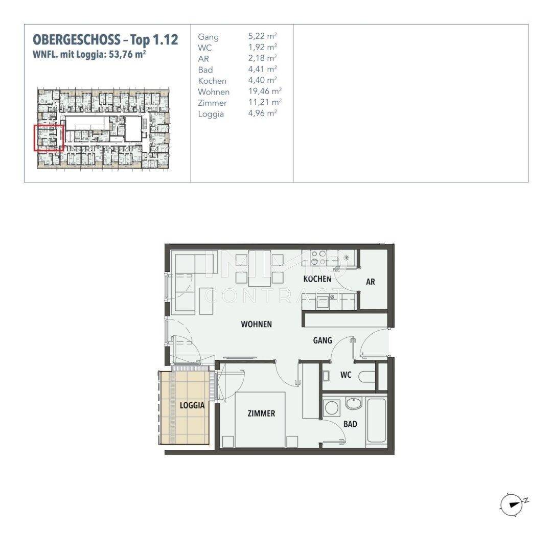 Grundriss einer Wohnung im Obergeschoss mit Loggia, Bad und separatem WC.