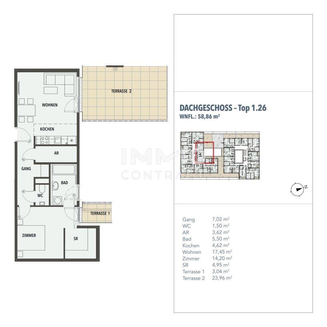 Grundriss einer Dachgeschosswohnung mit zwei Terrassen und offener Wohnküche.