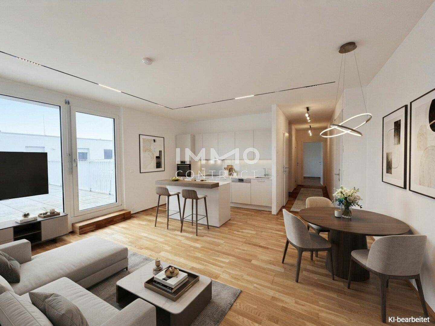 Modernes offenes Wohnzimmer mit integrierter Küche, Essbereich und Zugang zur Terrasse.