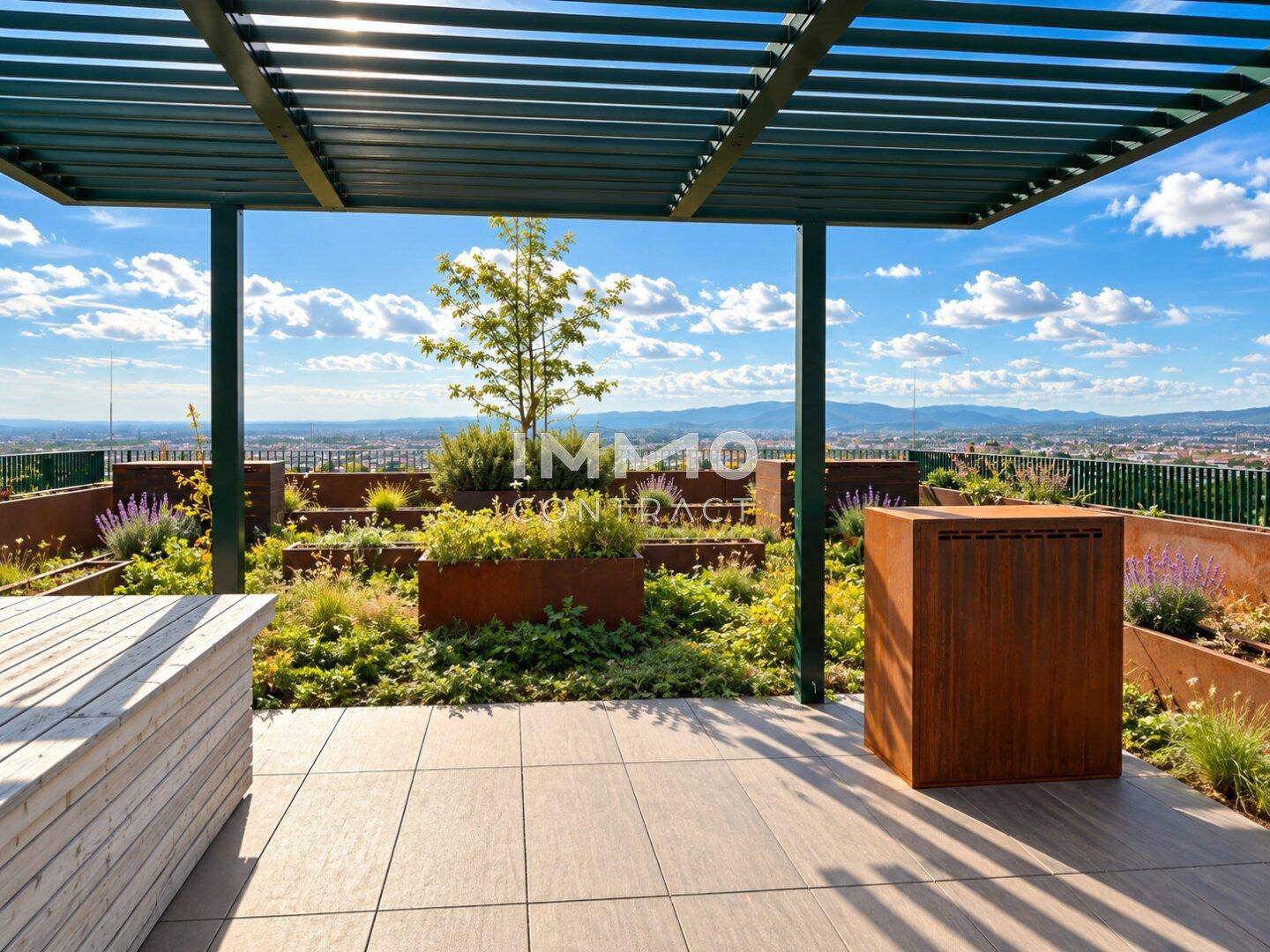 Attraktive Dachterrasse mit Pergola, Pflanzenbeeten und weitem Blick über die Stadt und Landschaft.