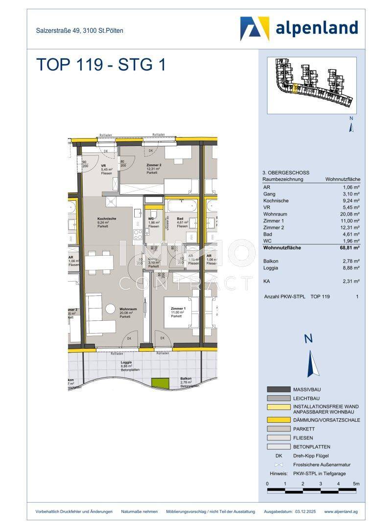 Grundriss der Wohnung TOP 119 mit drei Zimmern, Balkon und Loggia, Gesamtfläche 68,81 m².