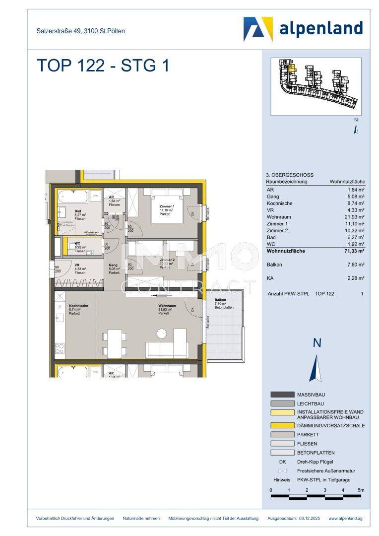 Grundriss der Wohnung TOP 122 im 3. Obergeschoss mit Balkon, zwei Zimmern und offenem Wohnbereich.