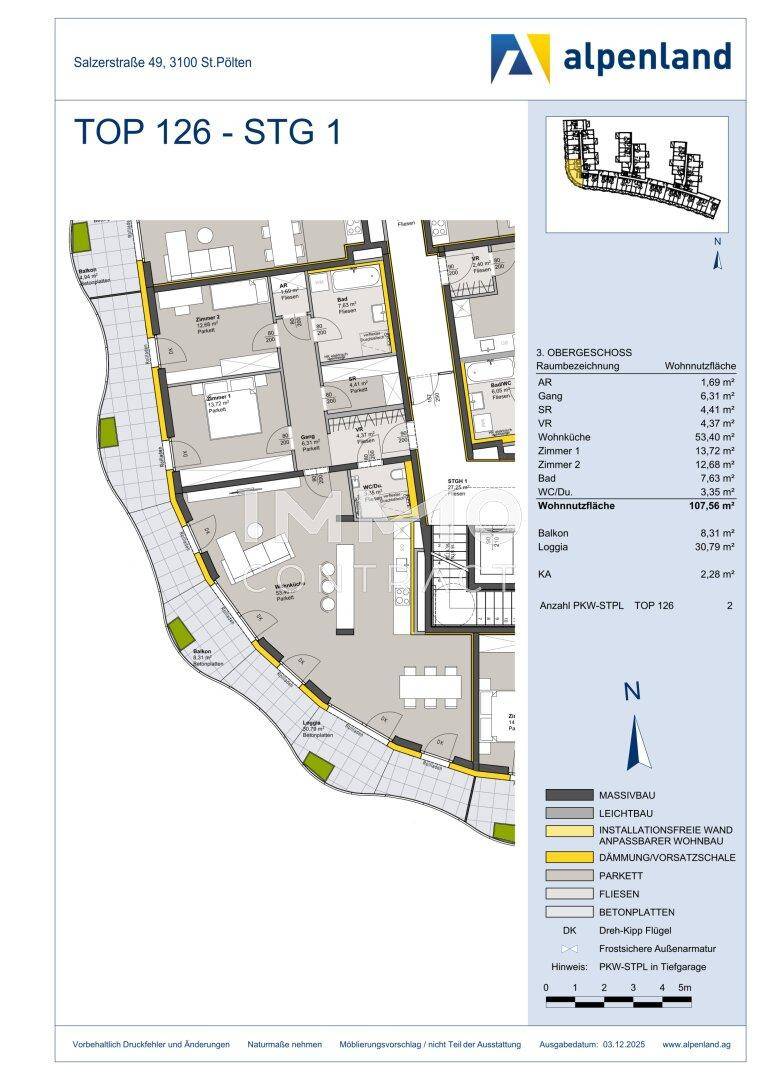 Detaillierter Grundriss einer Wohnung mit Raumaufteilung, Balkon und Loggia.