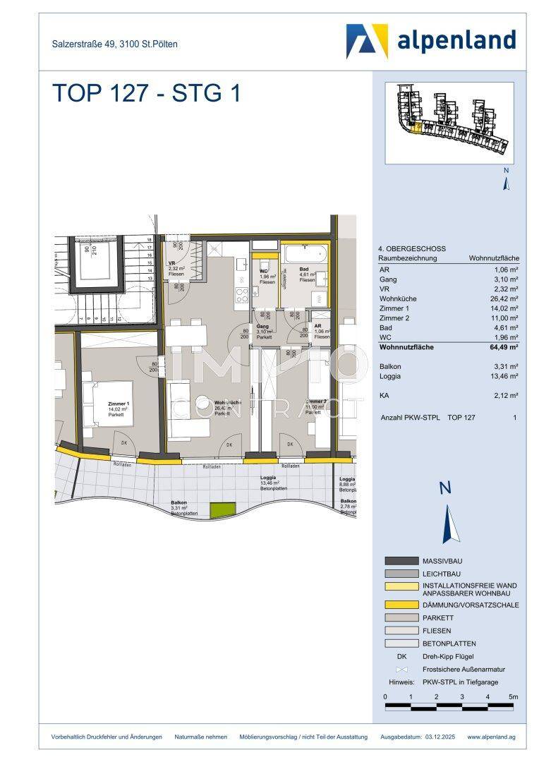 Detaillierter Grundriss der Wohnung TOP 127 mit offener Wohnküche und Balkon.