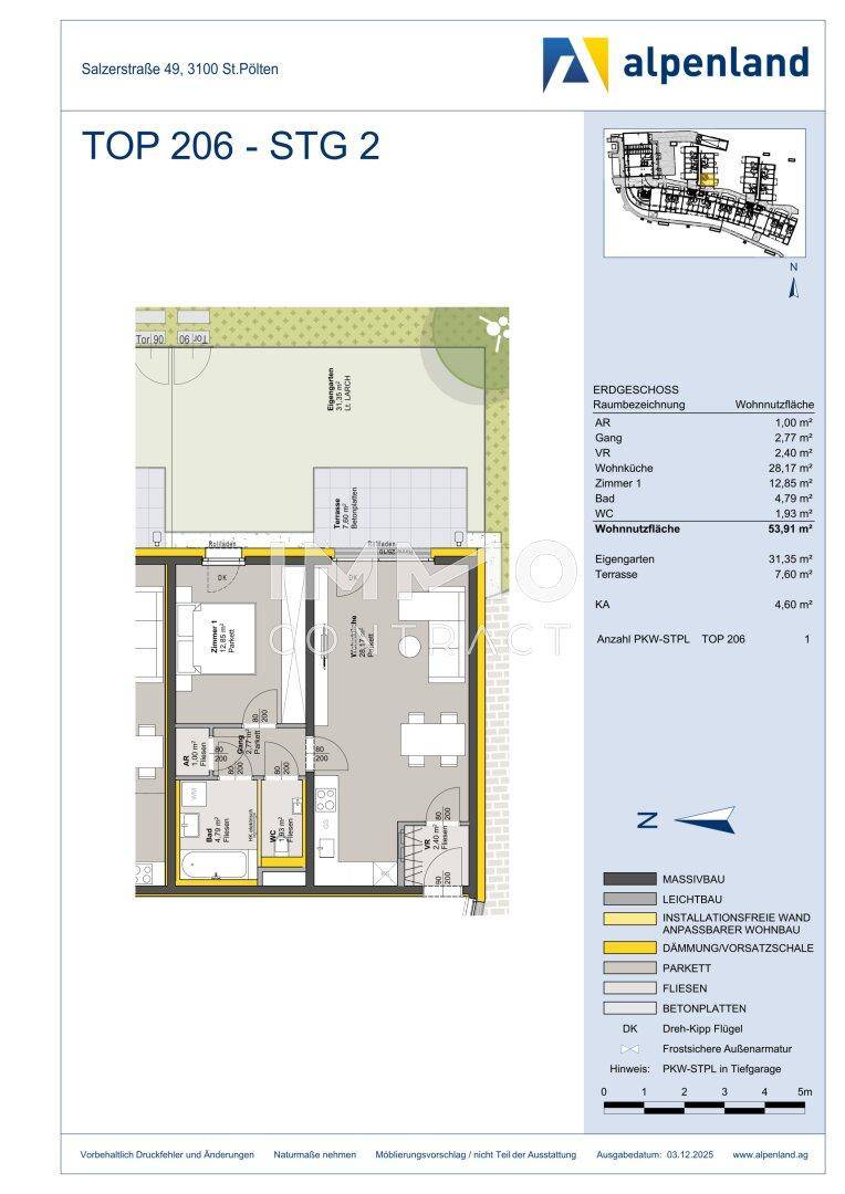 Grundriss der Wohnung TOP 206 im zweiten Stock mit Garten und Terrasse.