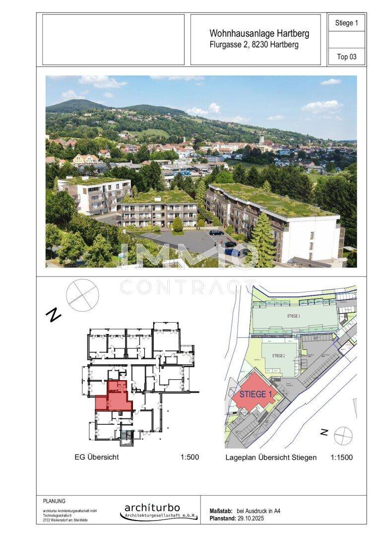 Übersicht der Wohnhausanlage mit Lageplan und Grundriss der Erdgeschoss-Wohnungen.