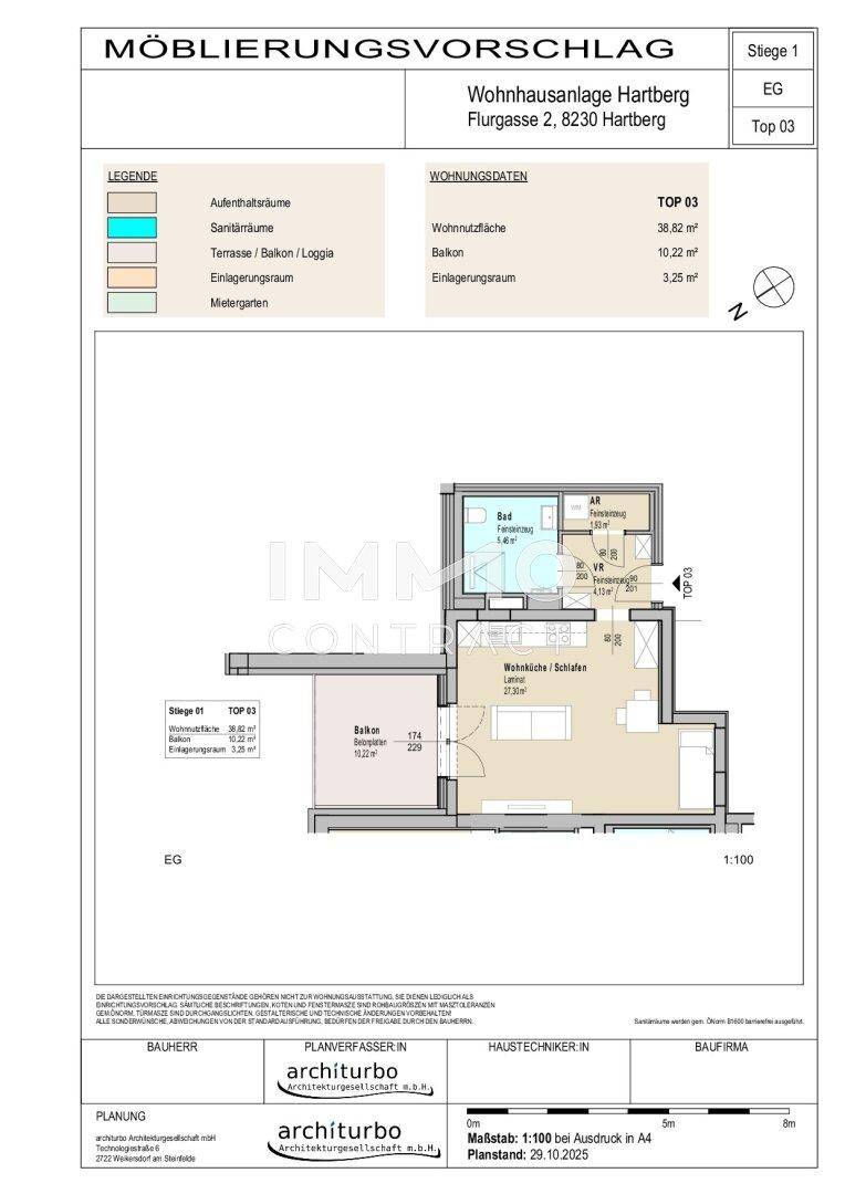 Detaillierter Grundriss einer Erdgeschosswohnung mit Wohnfläche und Balkon.