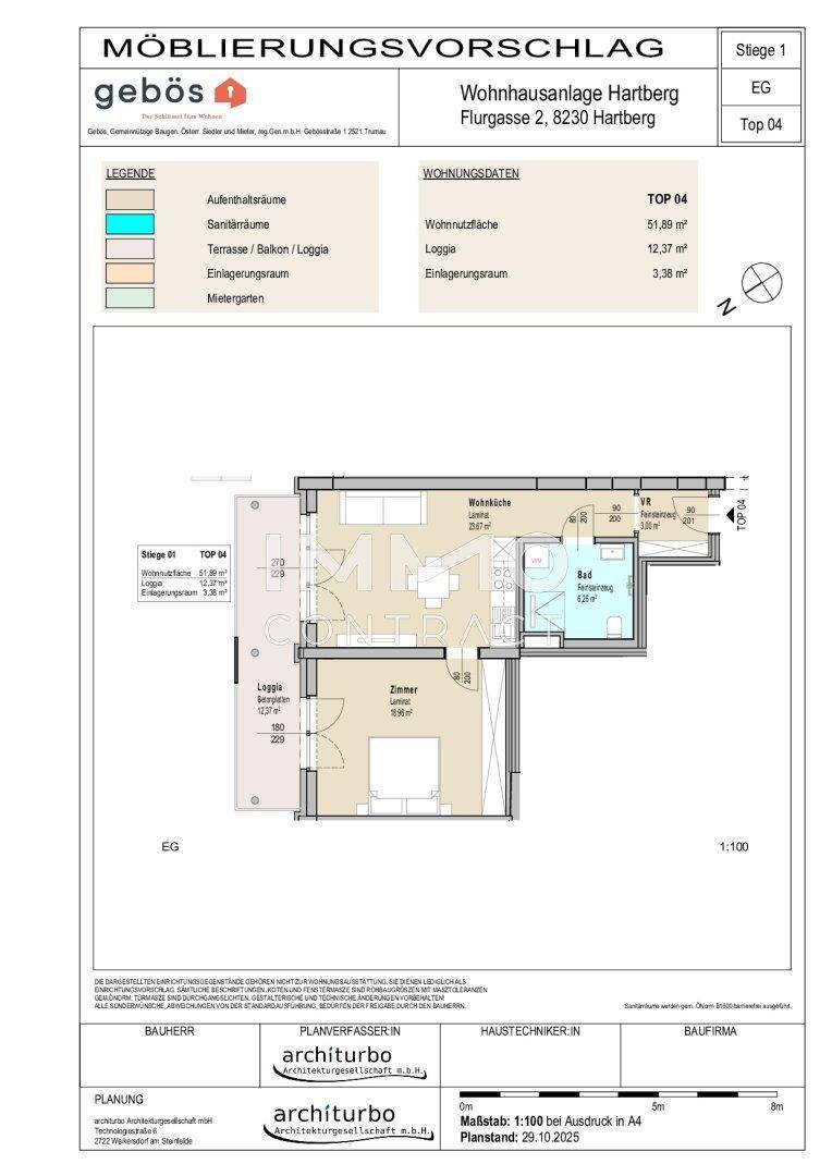 Detaillierter Grundriss mit Möblierungsvorschlag für eine Wohnung im Erdgeschoss.