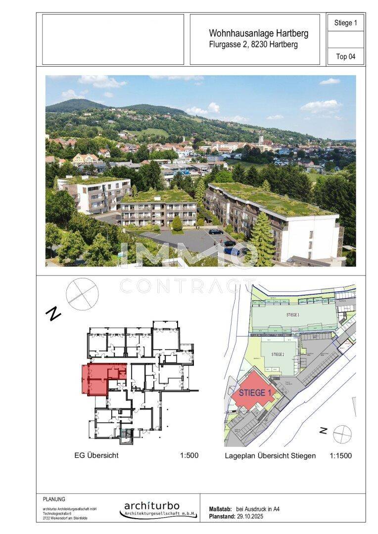 Übersicht der Wohnhausanlage Hartberg mit Lageplan und Grundriss-Ausschnitt der Gebäude.