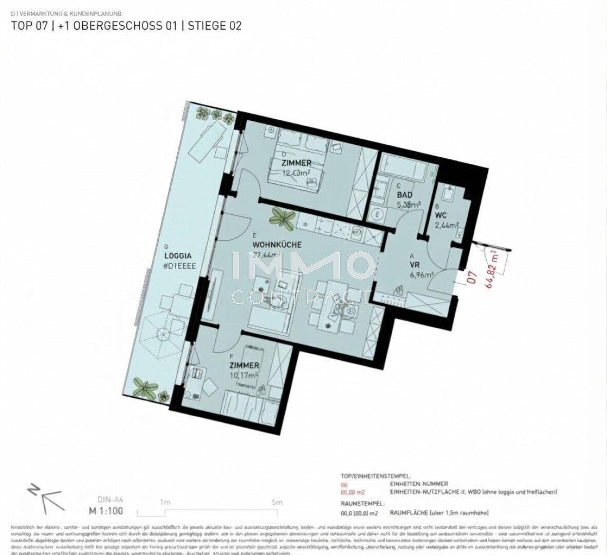 Grundriss einer Wohnung im ersten Obergeschoss mit Loggia, zwei Zimmern und offenem Wohnbereich.