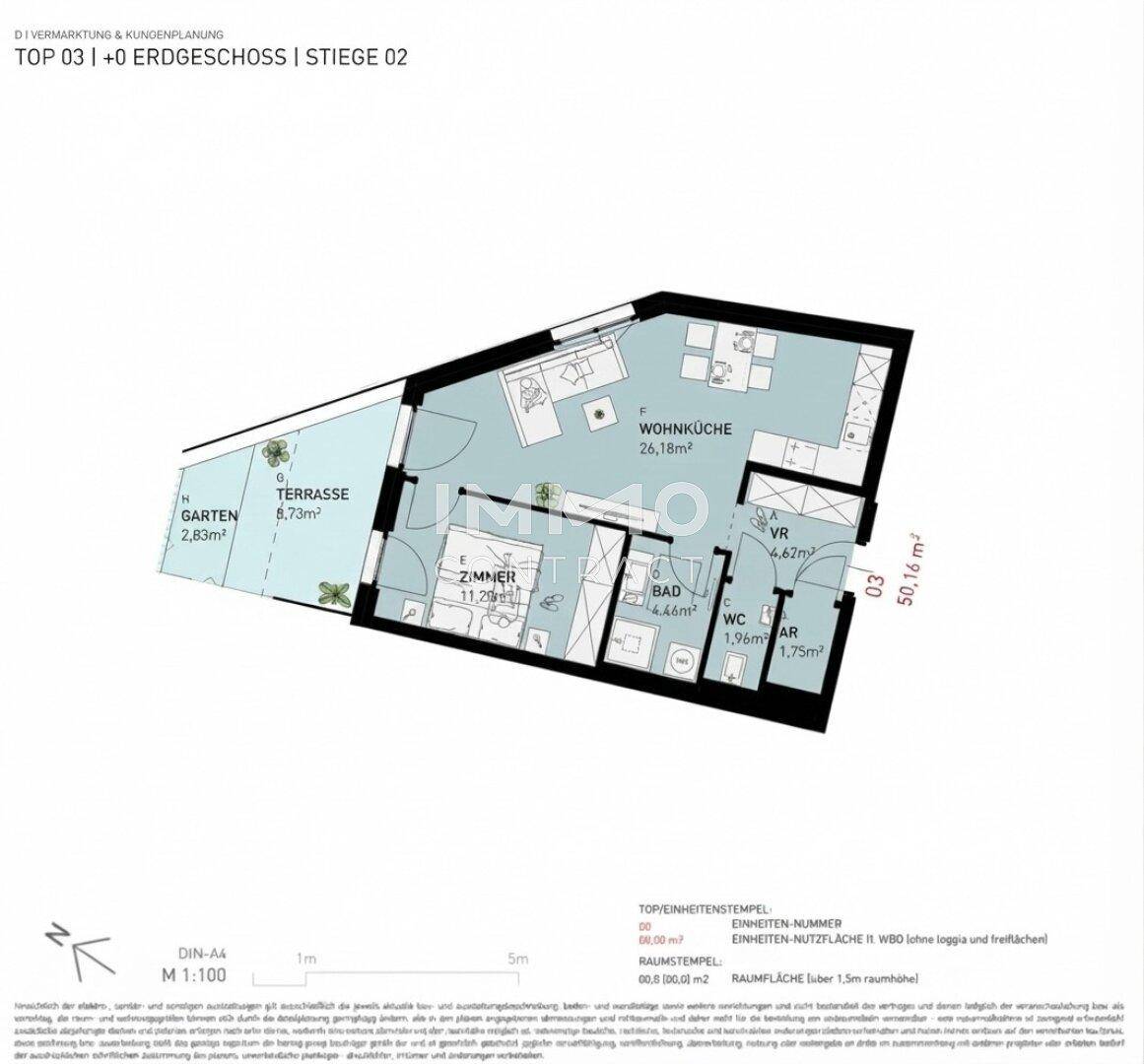 Grundriss einer Wohnung mit Wohnküche, Schlafzimmer, Bad, WC und Terrasse mit Gartenanteil.