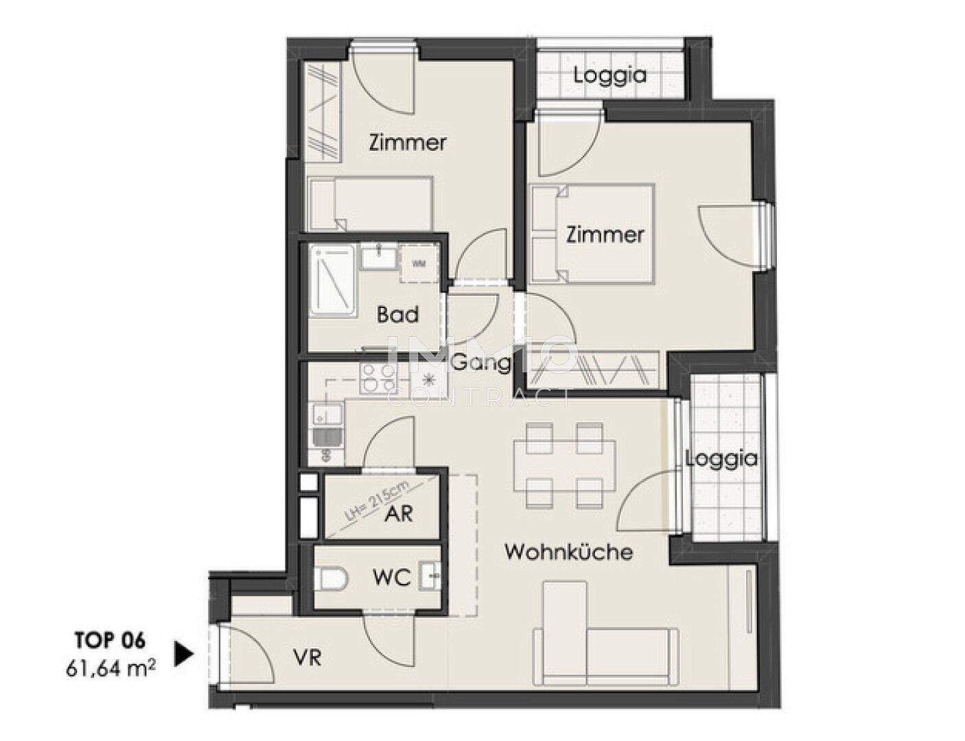 Detaillierter Grundriss einer 61,64 m² Wohnung mit offener Wohnküche, zwei Schlafzimmern, Bad, separatem WC und zwei Loggien.