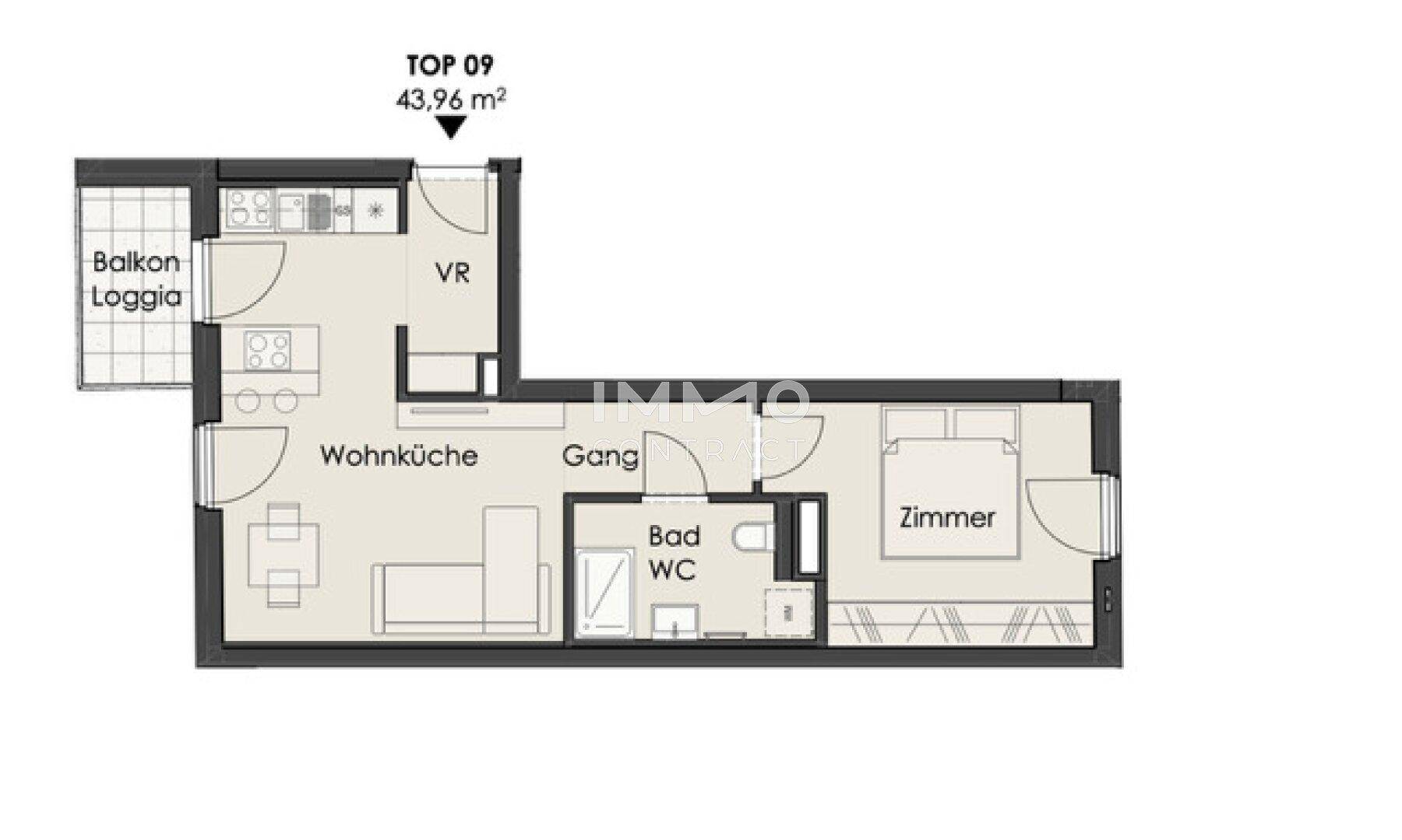 Grundriss der Wohnung TOP 09 mit 43,96 m² und offenem Wohnküchenbereich sowie Balkon.