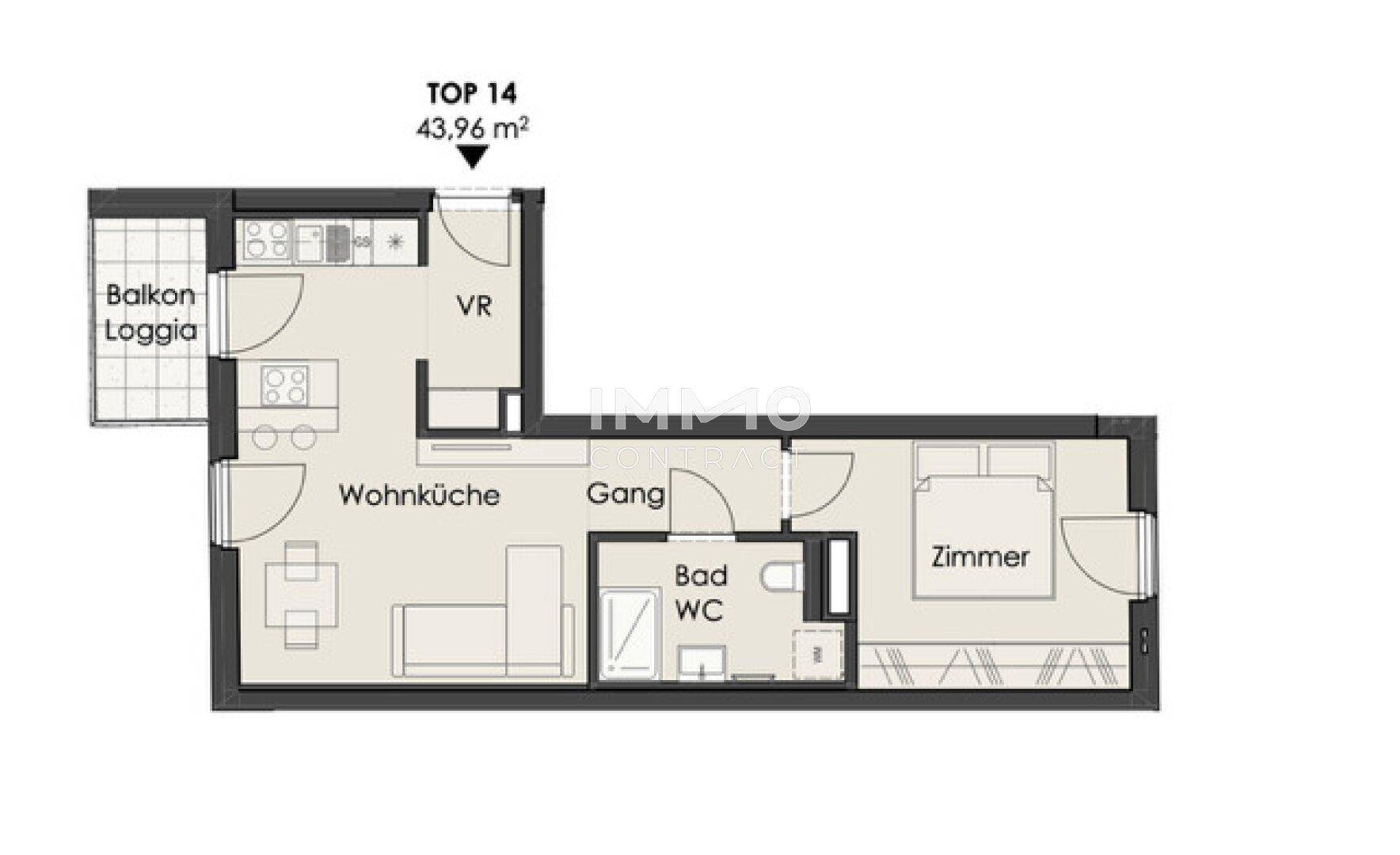 Grundriss der Wohnung TOP 14 mit offener Wohnküche, Schlafzimmer und Balkon/Loggia.