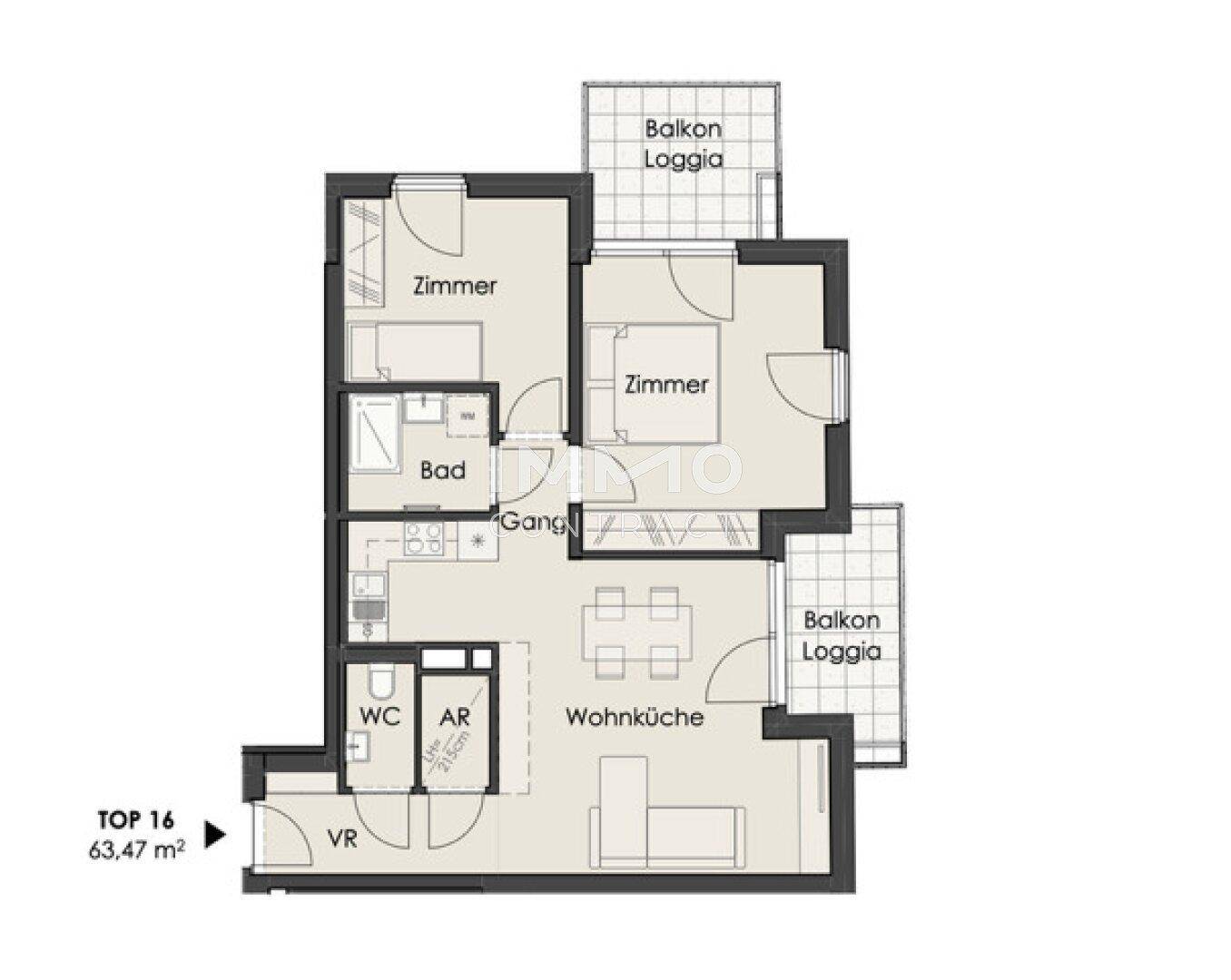 Grundriss einer Wohnung mit offener Wohnküche, zwei Zimmern, Bad, separatem WC und zwei Balkonen/Loggien.