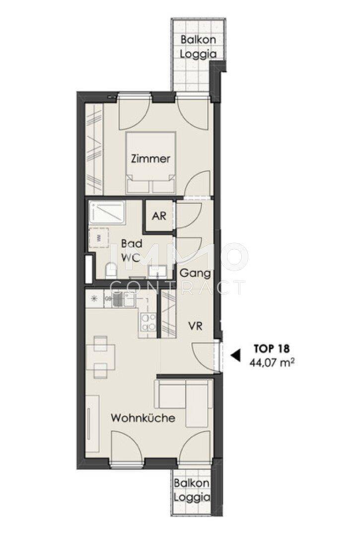 Grundriss einer Wohnung mit einem Schlafzimmer, Wohnküche und zwei Balkonen/Loggien.