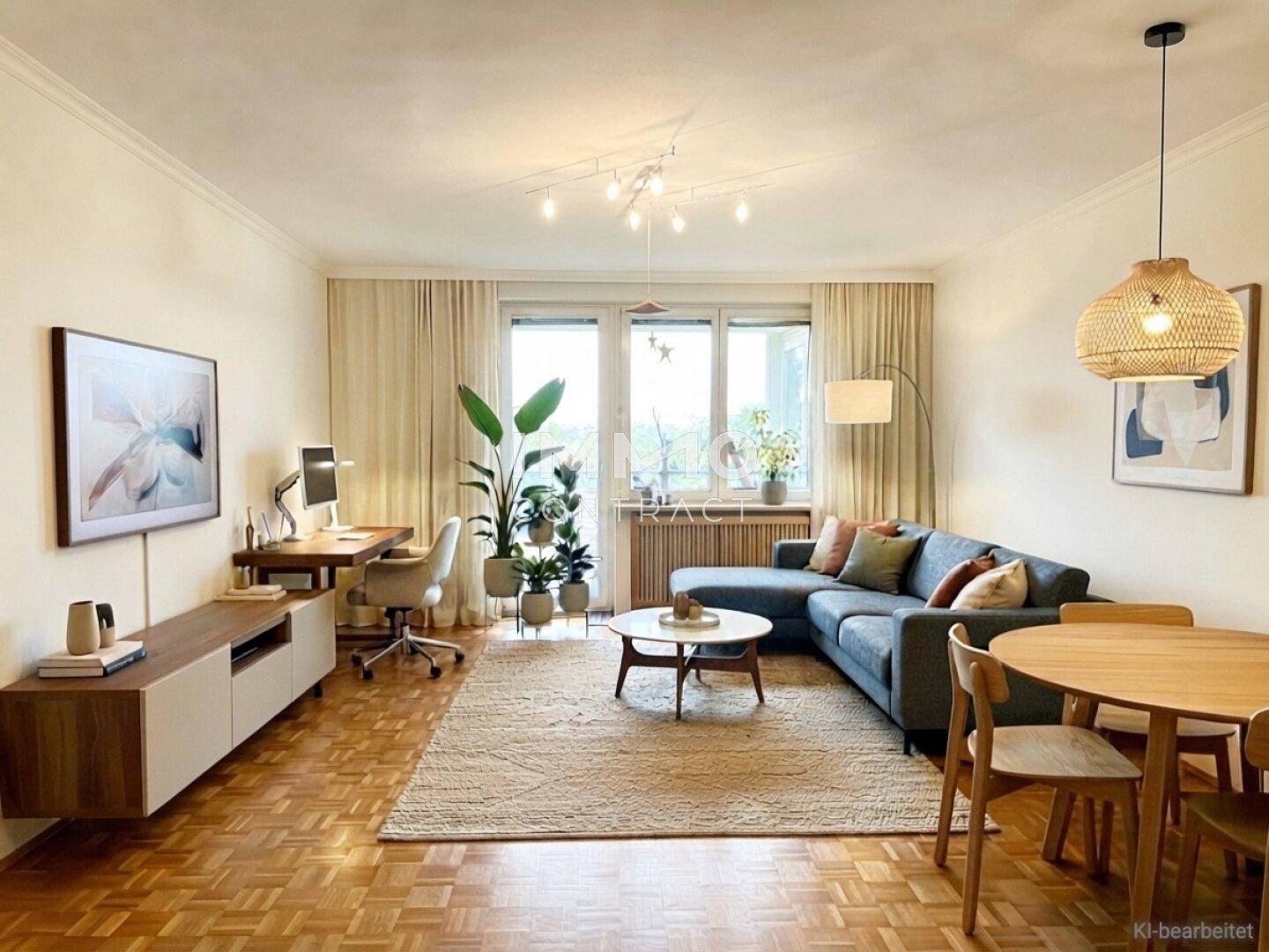 Wohnzimmer mit S-Loggia, KI-Möbel