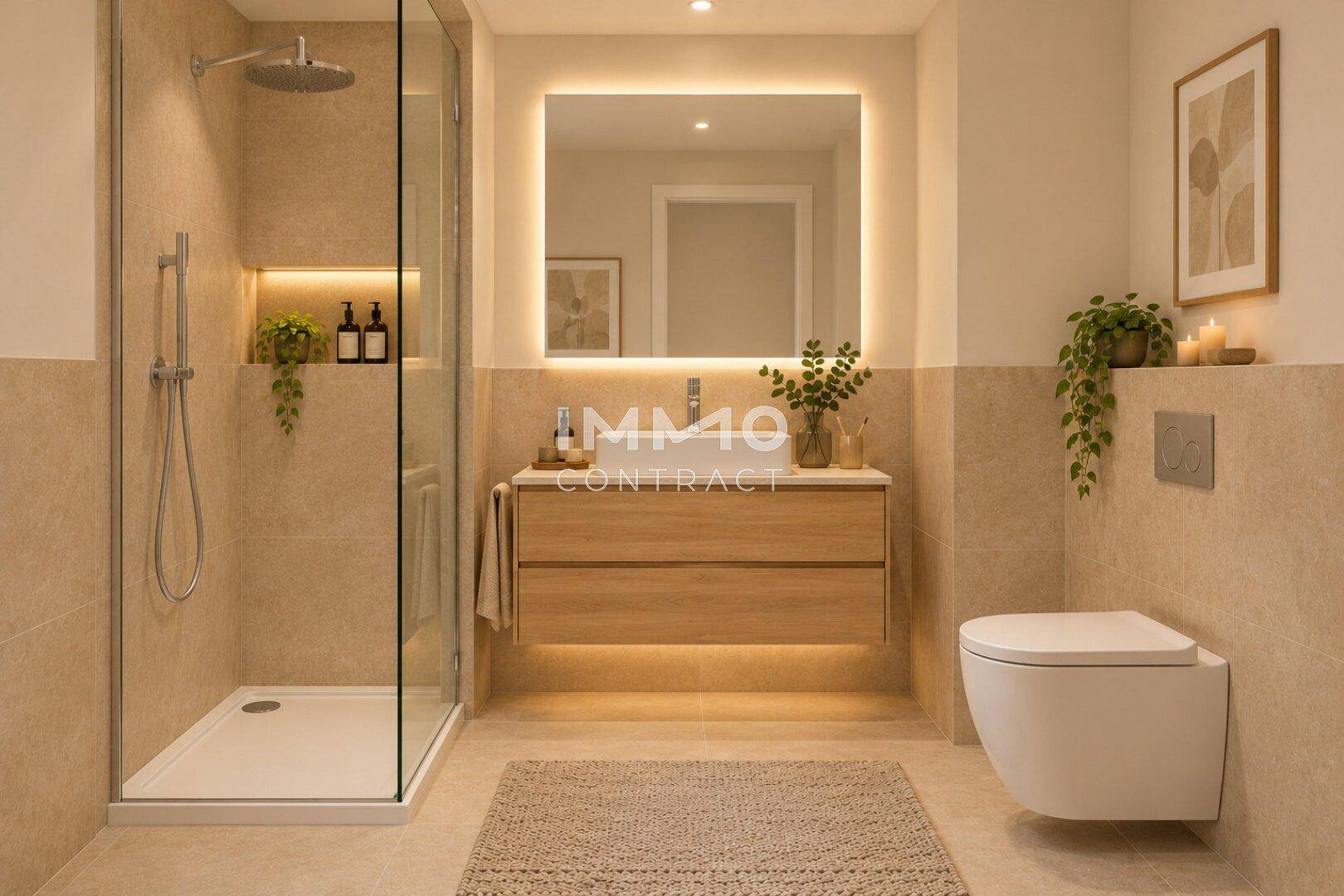 Modernes Badezimmer mit begehbarer Dusche, schwebendem Waschtisch und beleuchtetem Spiegel.