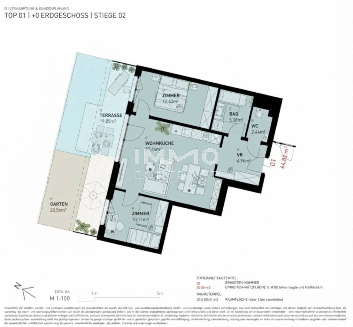 Grundriss einer Erdgeschosswohnung mit Wohnküche, zwei Zimmern, Bad, WC und Terrasse mit Garten.