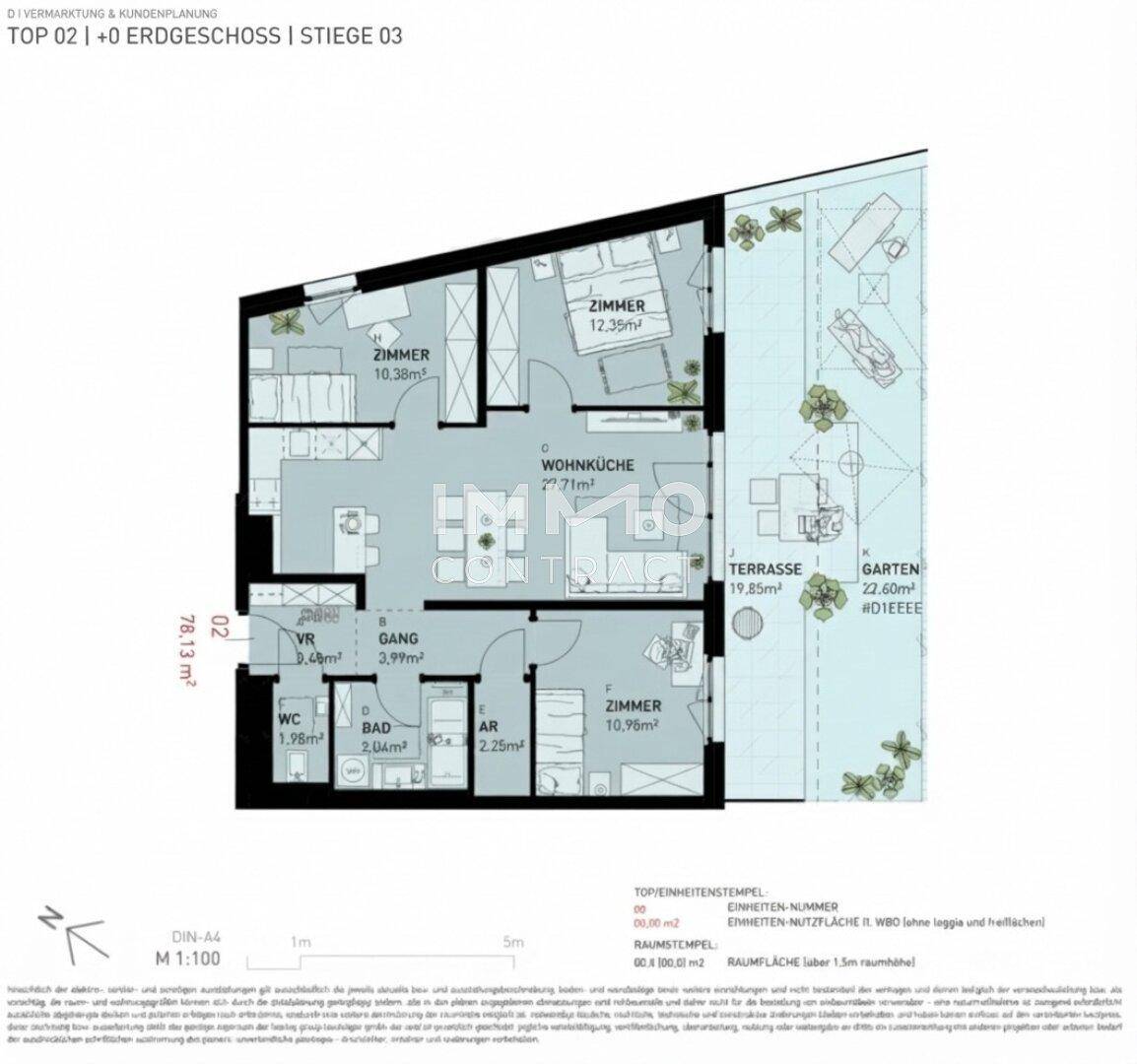 Grundrissplan für eine Wohnung mit drei Zimmern, Wohnküche, Terrasse und Garten.