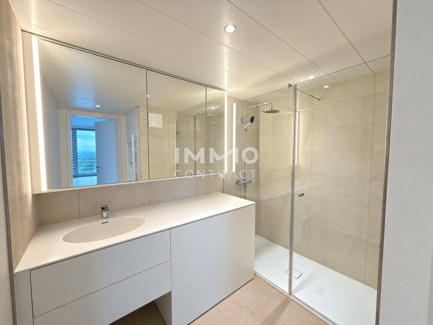 Modernes Badezimmer mit begehbarer Dusche, Einzelwaschbecken und beleuchtetem Spiegelschrank.