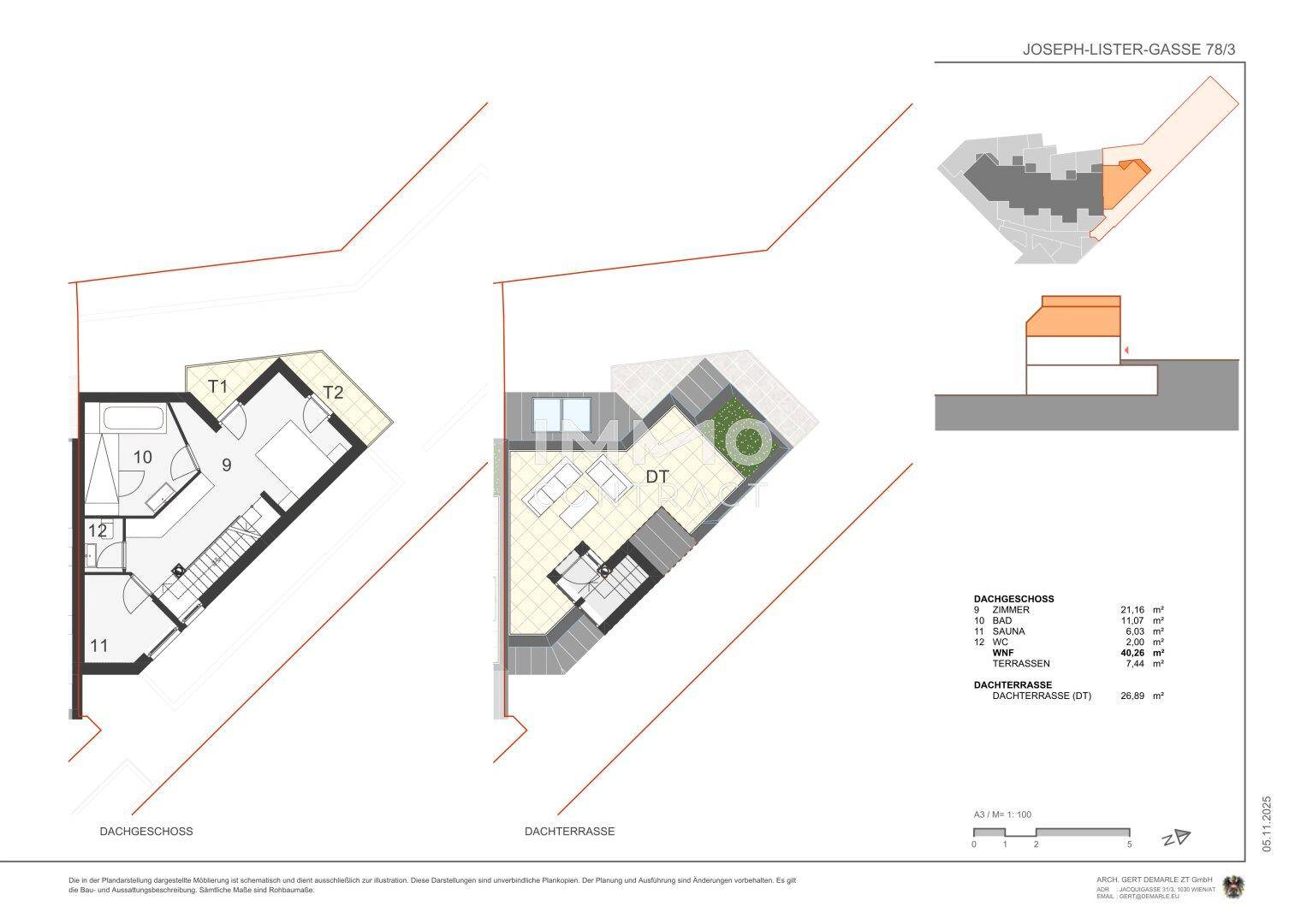 Grundrisse von Dachgeschoss und Dachterrasse mit Zimmern und Bad.