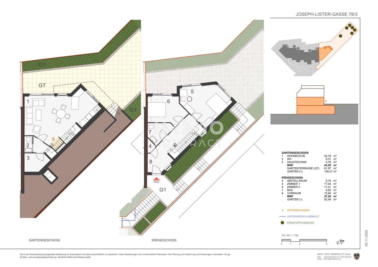Grundrisse von Gartengeschoss und Erdgeschoss mit Wohnbereichen und Terrassen.