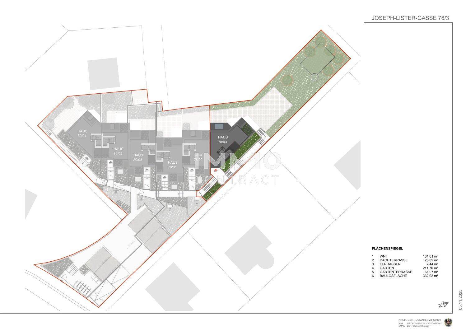 Gesamtgrundriss der Wohnanlage mit Garten, Dachterrasse und Wohnflächenangaben.
