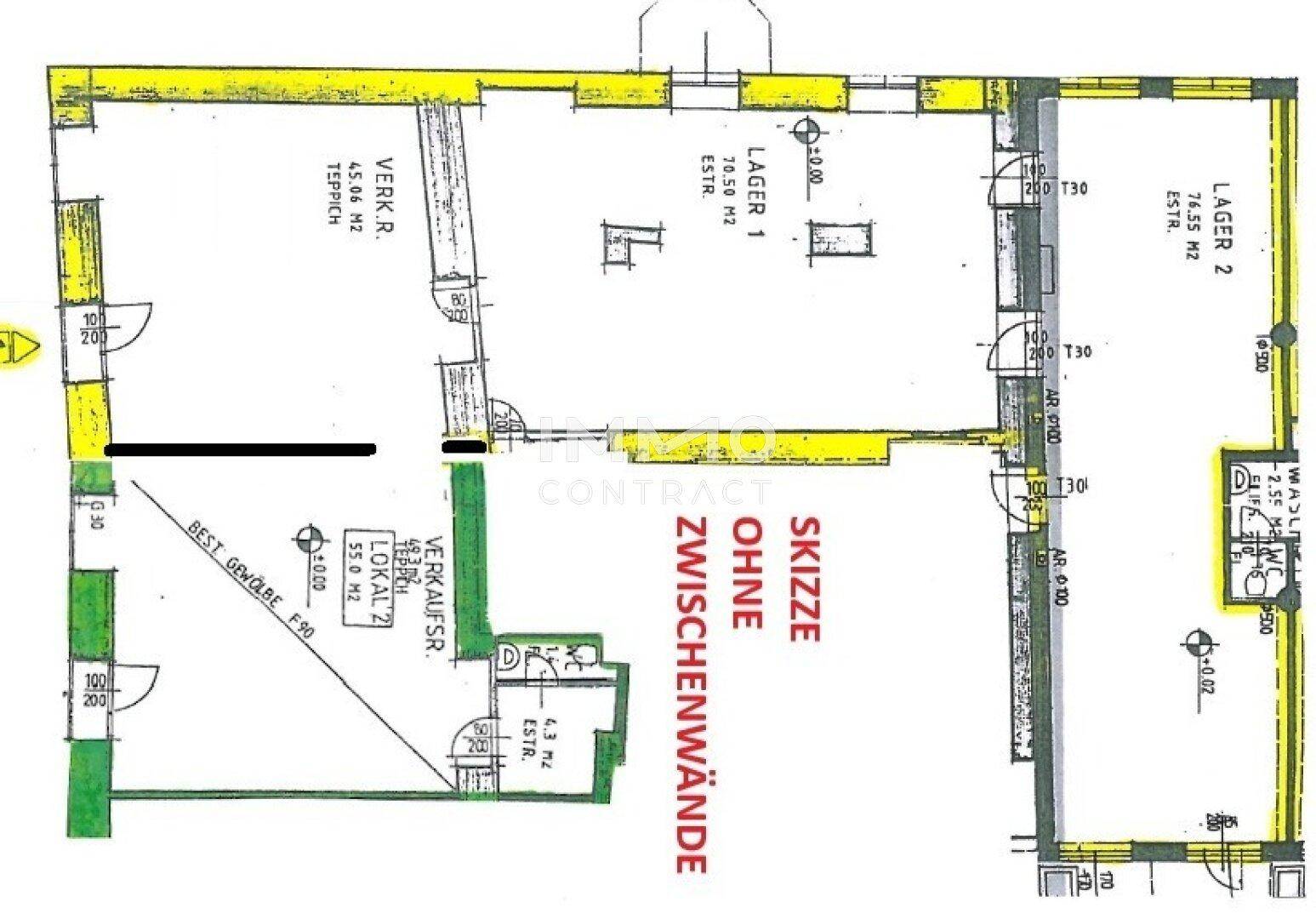 Grundrissplan zeigt mehrere Lager- und Verkaufsräume mit flexibler Gestaltungsmöglichkeit.