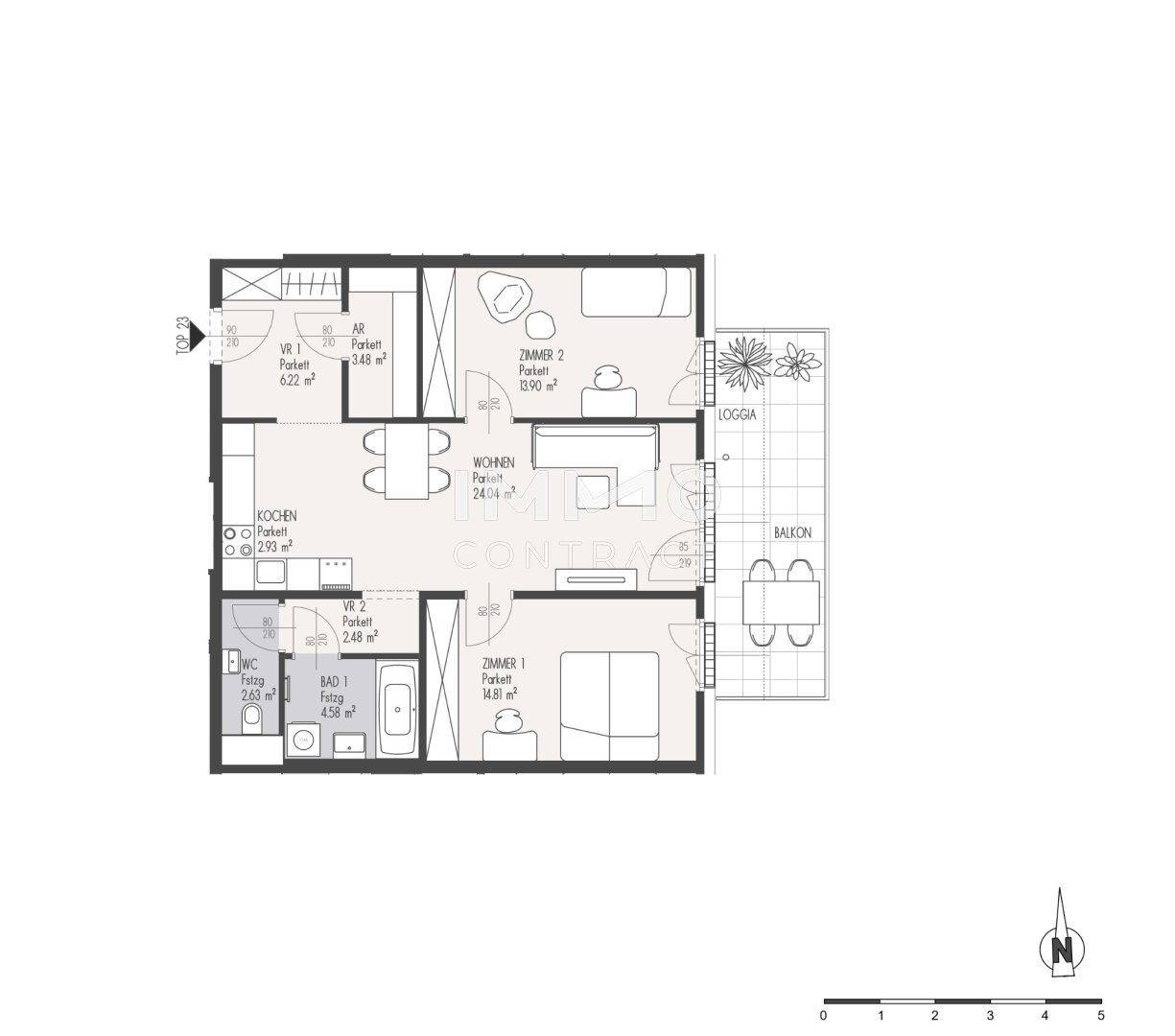 Grundriss einer Wohnung mit drei Zimmern, Loggia und Balkon, inklusive Flächenangaben.