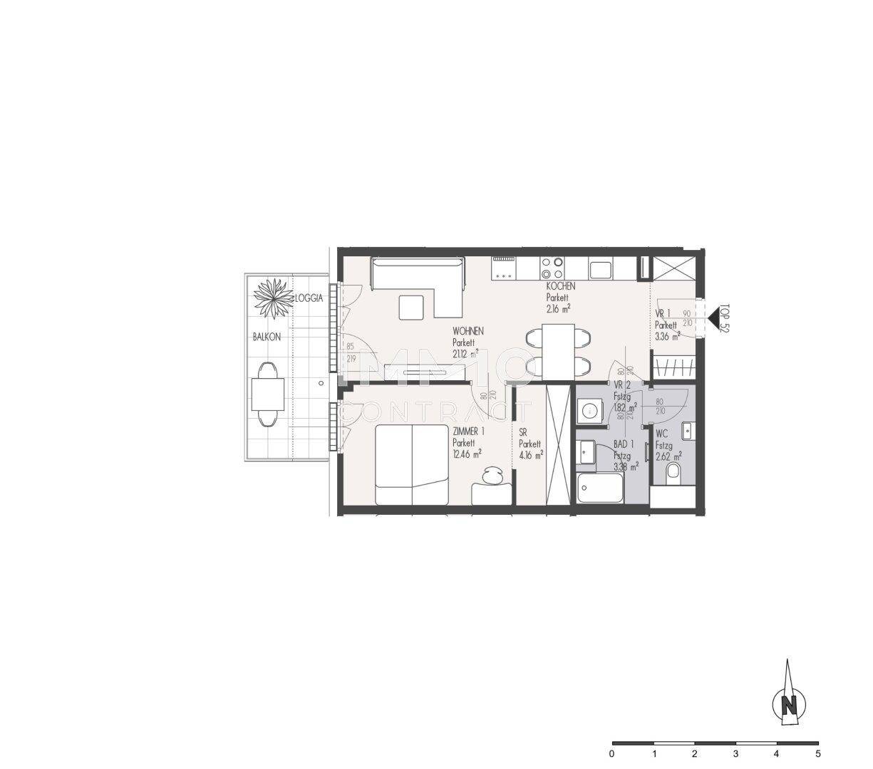 Detaillierter Grundriss einer Wohnung mit Balkon, Loggia und offenem Wohnbereich.