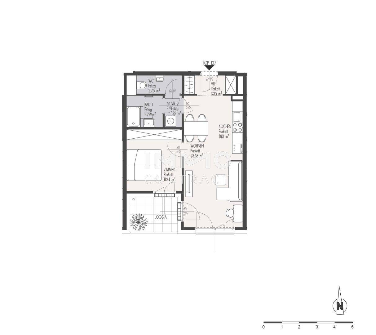Grundriss einer Wohnung mit einem Schlafzimmer, offenem Wohnbereich und Loggia.