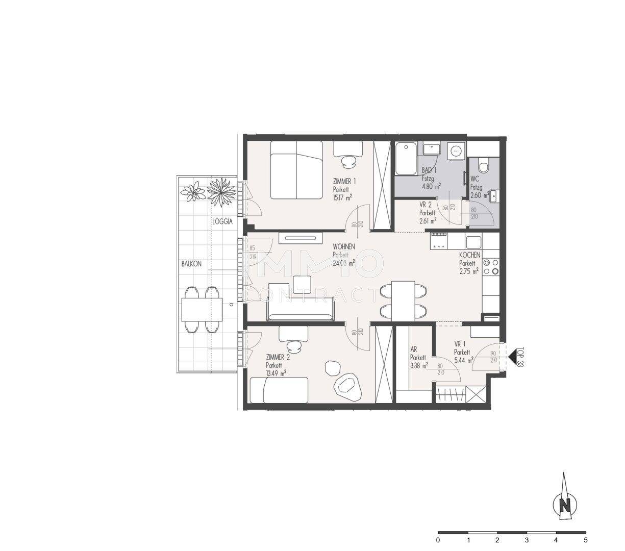Grundriss einer Wohnung mit zwei Zimmern, Loggia und Balkon, inklusive Bad und separatem WC.