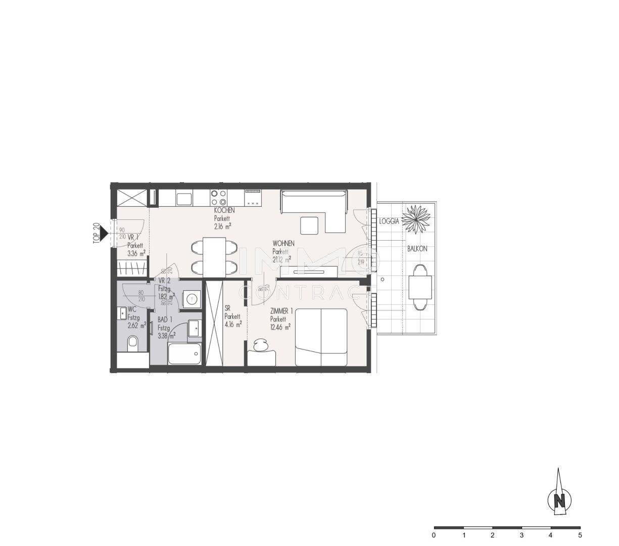 Grundriss einer Wohnung mit einem Schlafzimmer, offenem Wohnbereich, Loggia und Balkon.