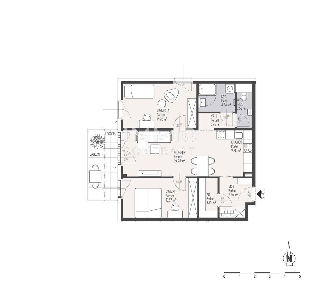 Grundriss einer Wohnung mit zwei Schlafzimmern, offenem Wohnbereich, Loggia und Balkon.
