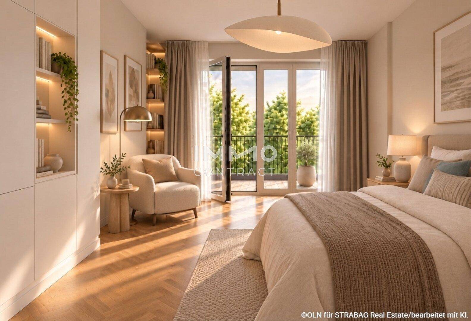 Gemütliches Schlafzimmer mit Holzboden, Lesesessel und Zugang zu einem französischen Balkon.