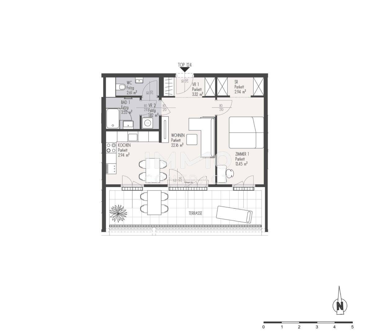 Grundriss einer Wohnung mit Terrasse, einem Schlafzimmer und offenem Wohnbereich.