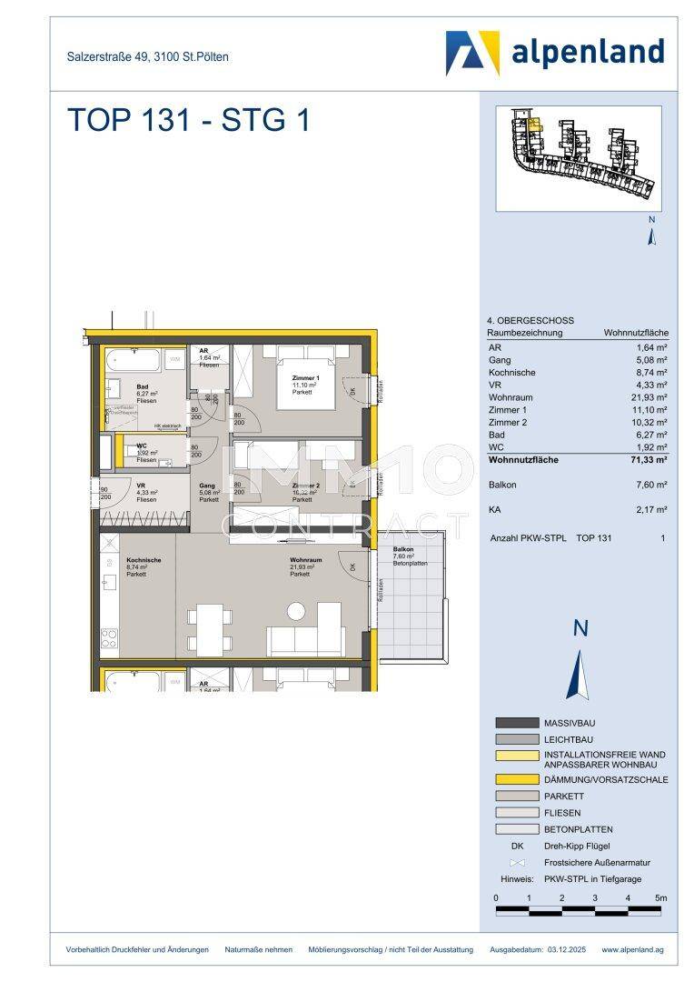 Grundriss der Wohnung TOP 131 im ersten Stock mit 71,33 m² Wohnfläche und Balkon.