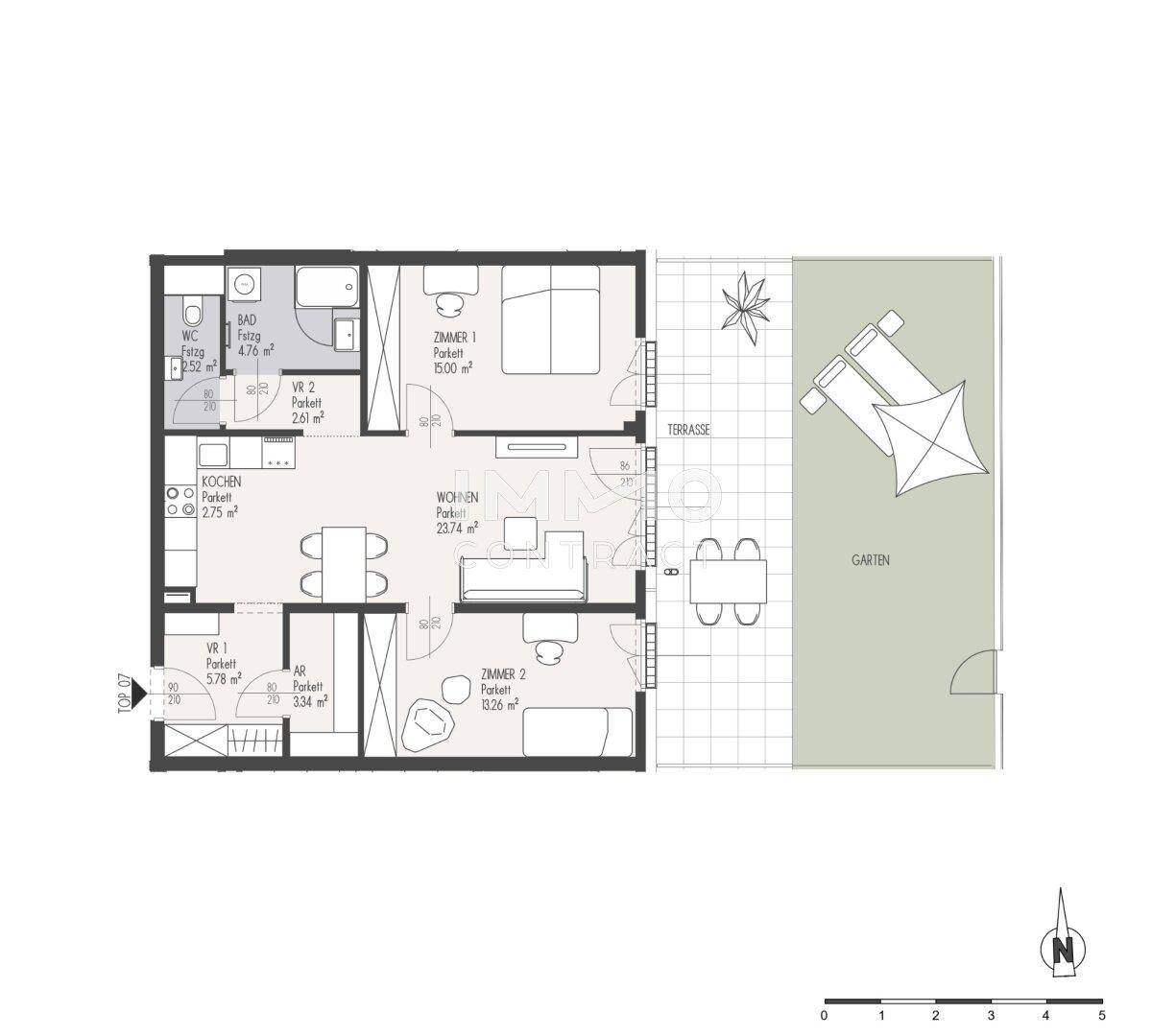 Grundriss einer Wohnung mit zwei Schlafzimmern, offenem Wohnbereich und großer Terrasse mit Garten.