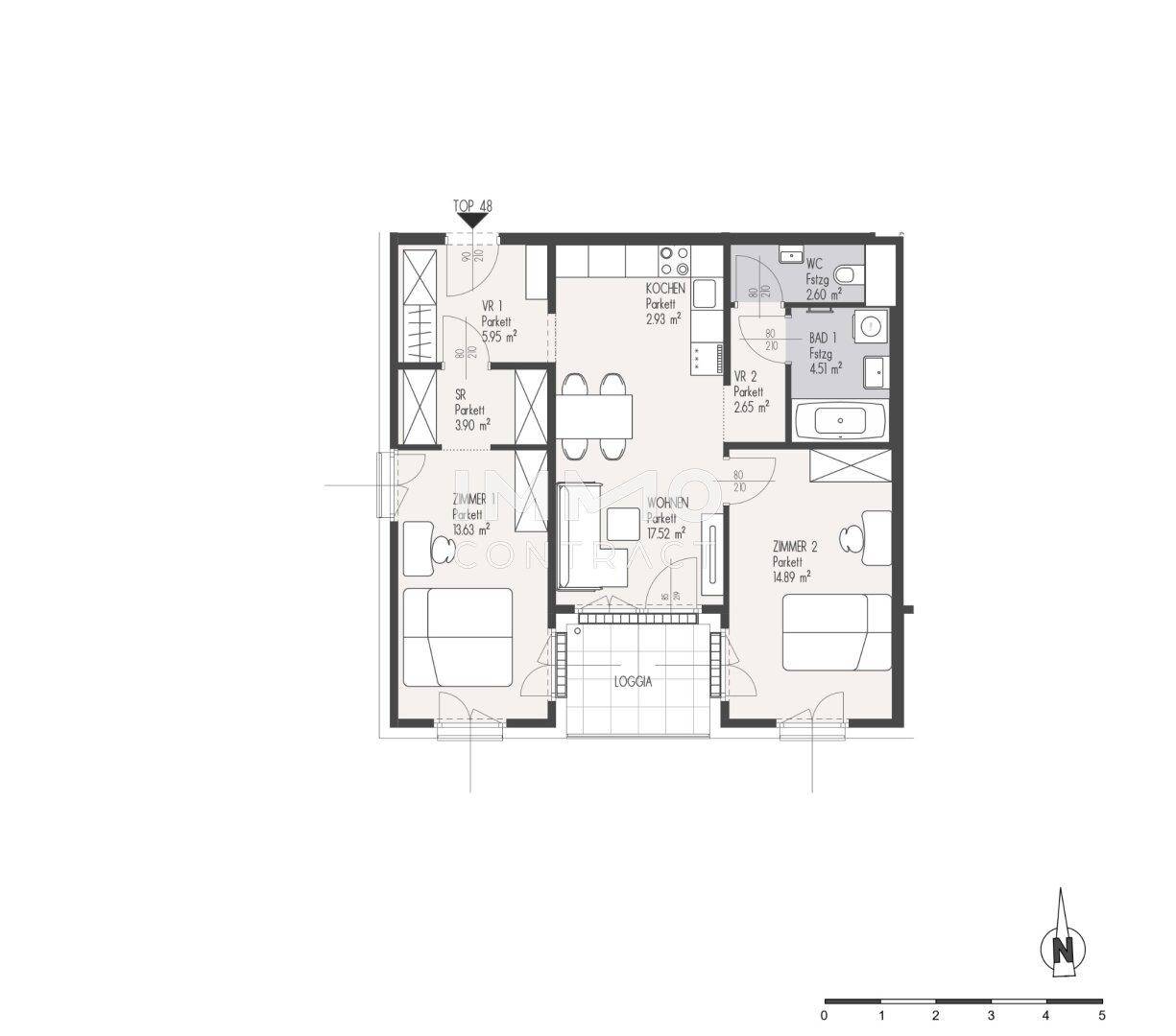 Grundriss einer Wohnung mit Loggia, zwei Schlafzimmern, Bad und separatem WC.