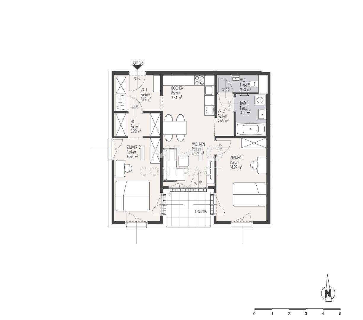 Grundriss einer Wohnung mit zwei Schlafzimmern, Wohnbereich, Küche und Loggia.