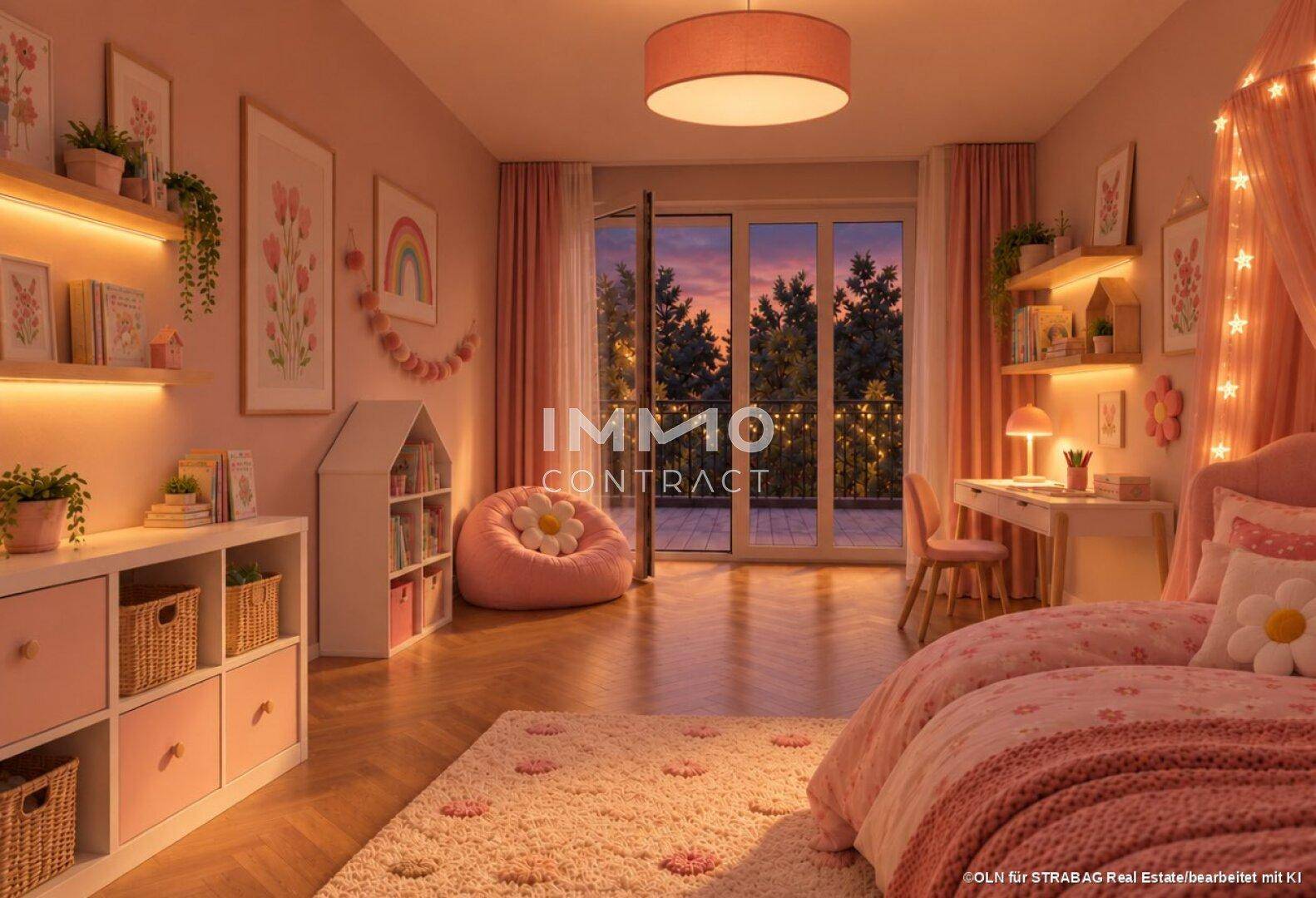 Mädchenzimmer in Rosa mit verspielter Dekoration, Holzboden und Zugang zu einem Balkon am Abend.