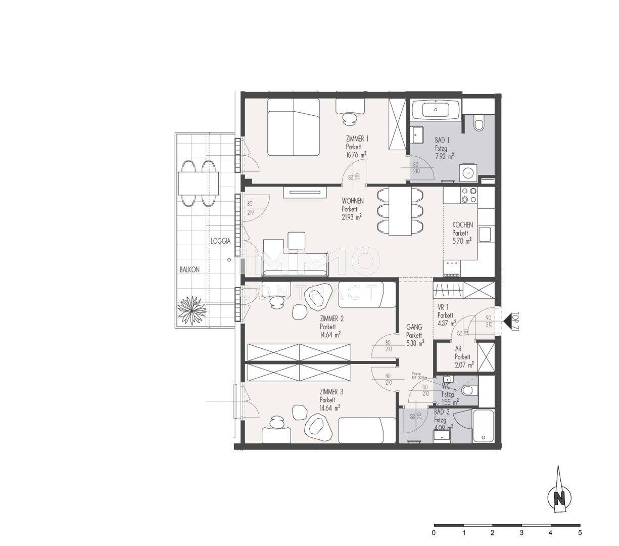 Detaillierter Grundriss einer Wohnung mit drei Zimmern, zwei Bädern, Loggia und Balkon.
