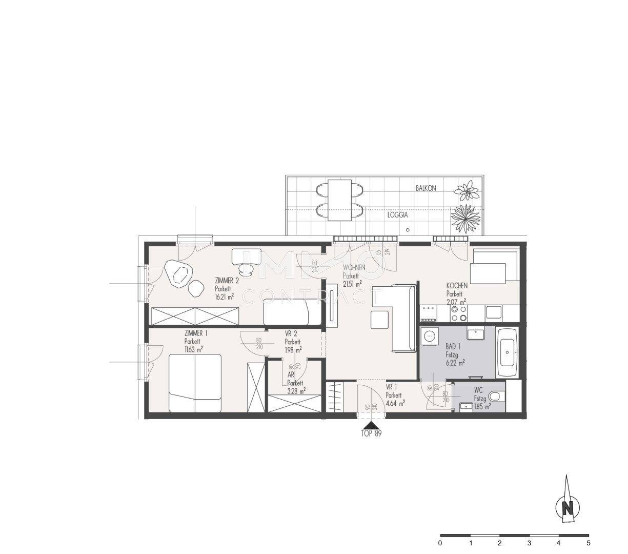 Grundriss einer Wohnung mit zwei Schlafzimmern, offenem Wohnbereich, Balkon und Loggia.