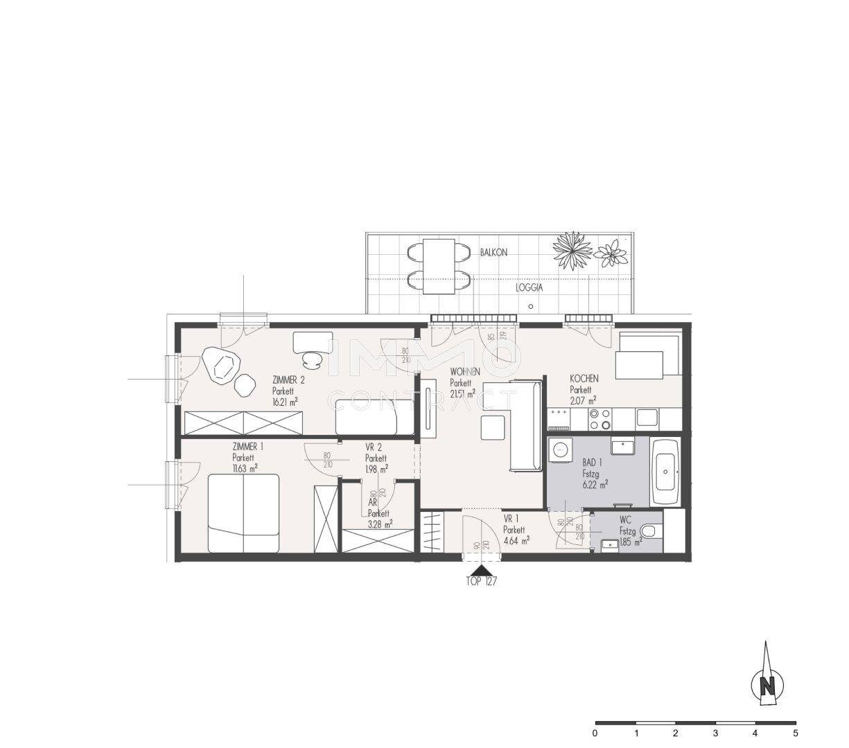 Detaillierter Grundriss einer Wohnung mit zwei Schlafzimmern, offenem Wohnbereich und Loggia.