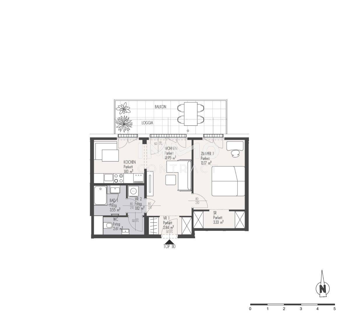 Grundriss einer Wohnung mit Balkon, Loggia, offenem Wohnbereich und einem Schlafzimmer.