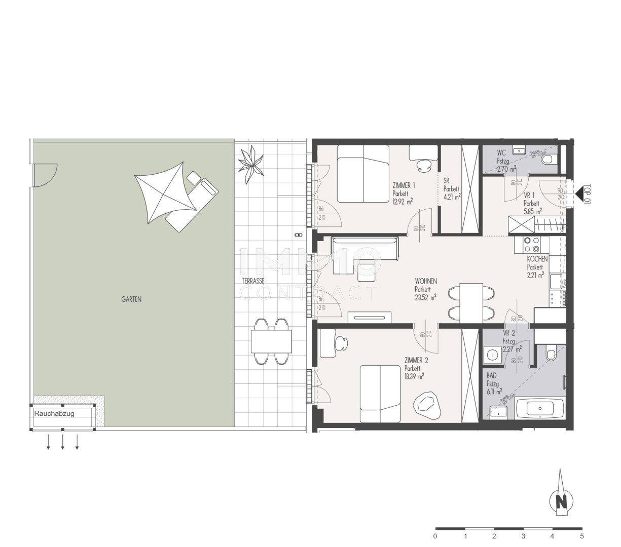 Detaillierter Grundriss einer Wohnung mit zwei Schlafzimmern, Garten und Terrasse.