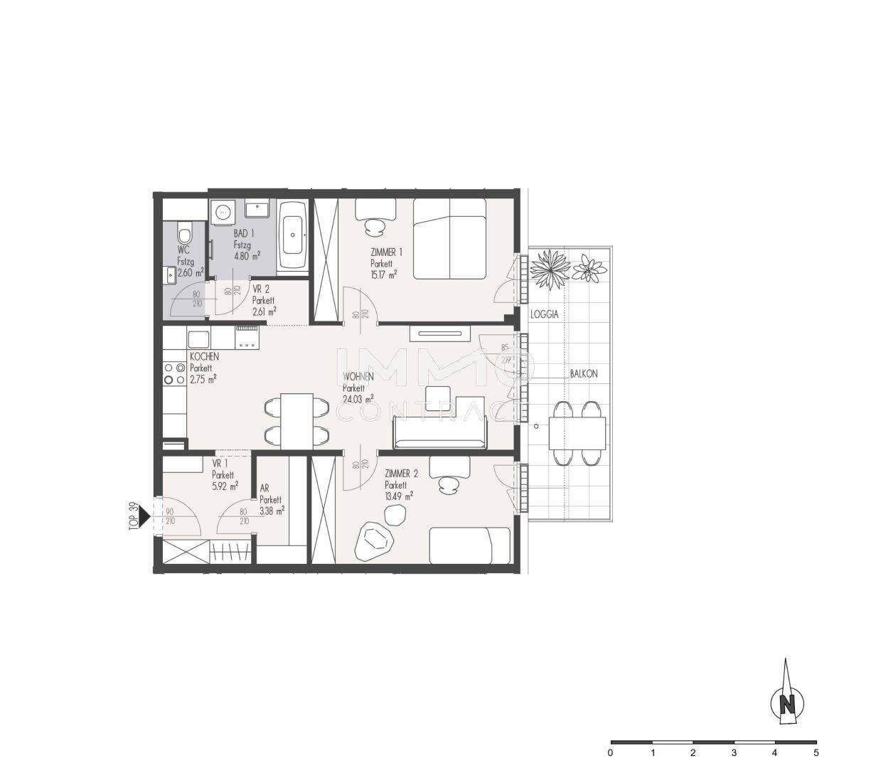 Grundriss einer Wohnung mit zwei Schlafzimmern, offenem Wohnbereich, Loggia und Balkon.